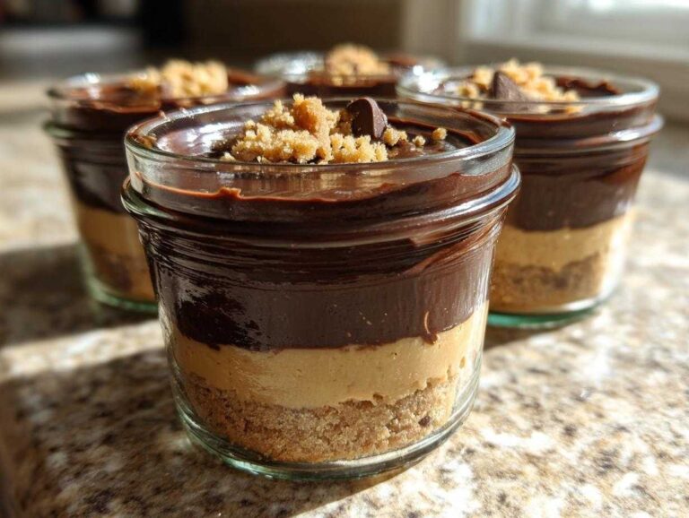 Close-up of layered No-Bake Chocolate Peanut Butter Pie Jars topped with chocolate ganache and crumbs.
