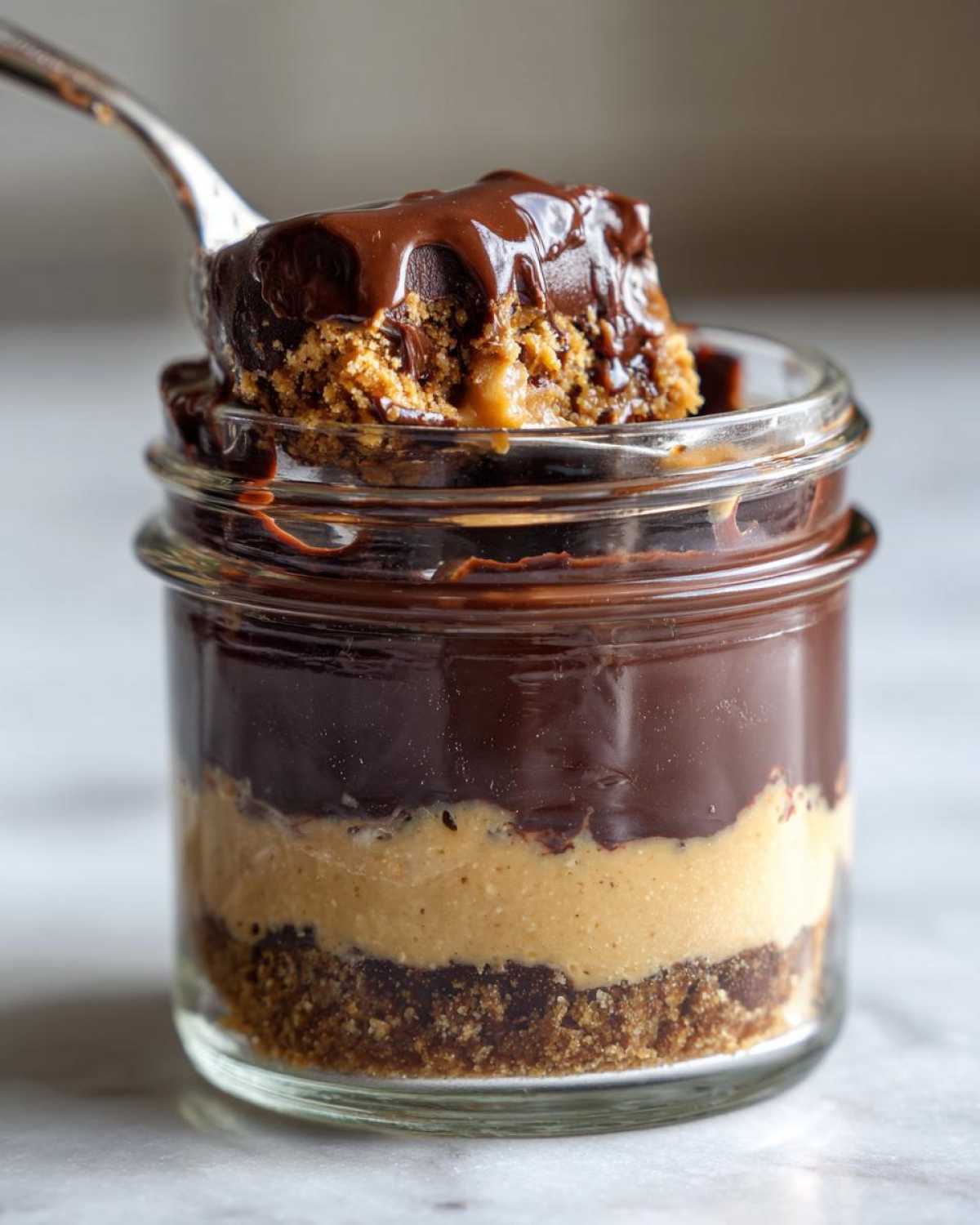 A spoonful of rich chocolate topping being lifted from a layered No-Bake Chocolate Peanut Butter Pie Jars dessert.