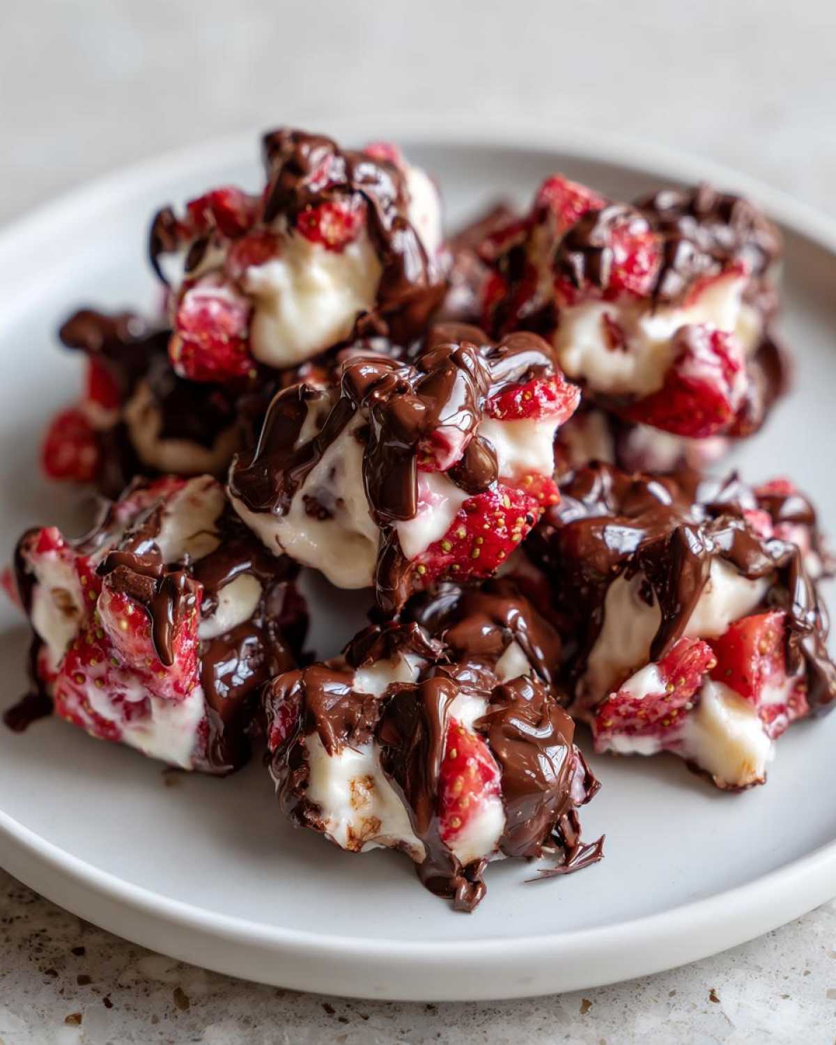 Close-up of several No-Bake Chocolate Strawberry Yogurt Clusters drizzled generously with melted dark chocolate.