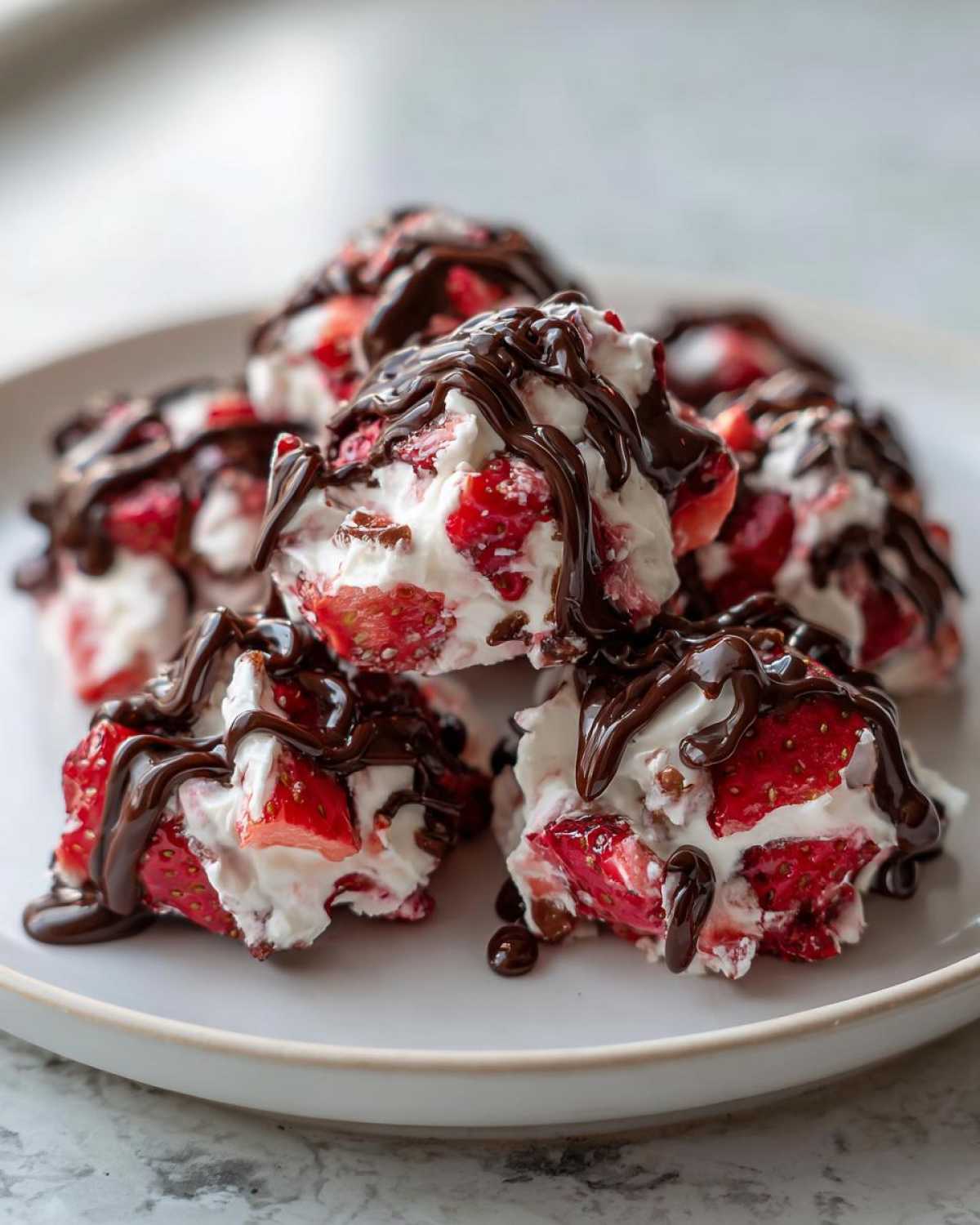 A pile of No-Bake Chocolate Strawberry Yogurt Clusters drizzled generously with melted chocolate sauce.