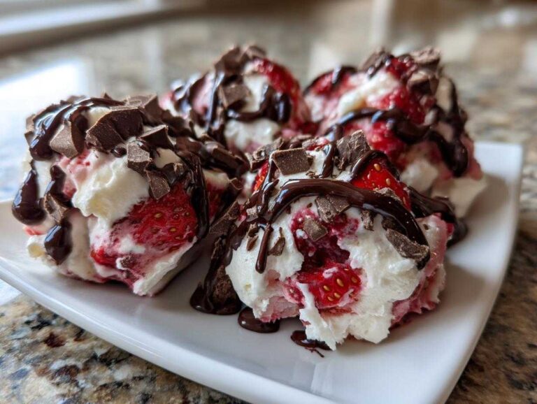 Close-up of several No-Bake Chocolate Strawberry Yogurt Clusters topped with chocolate drizzle and shavings.