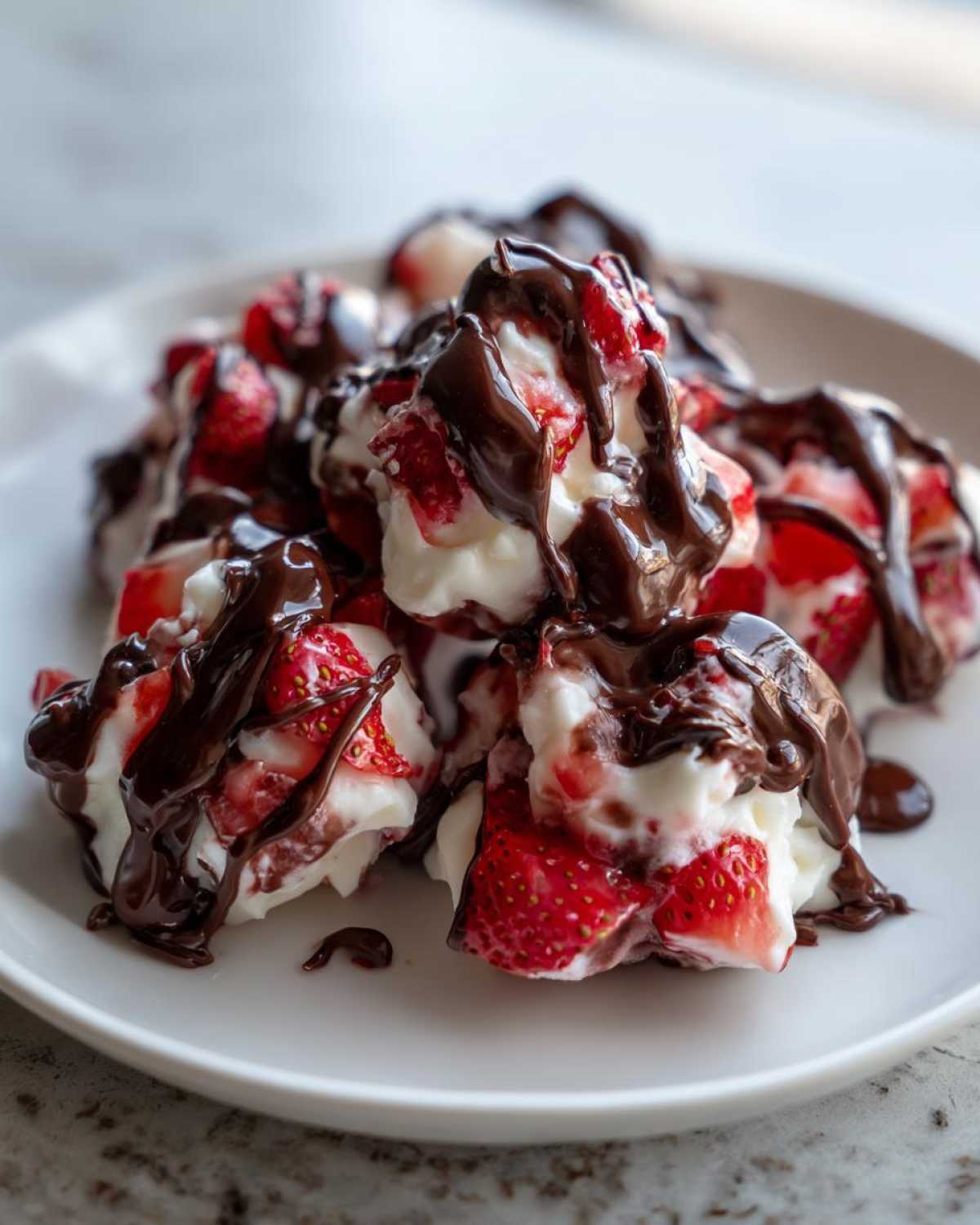Close-up of No-Bake Chocolate Strawberry Yogurt Clusters piled on a white plate, generously drizzled with melted dark chocolate.