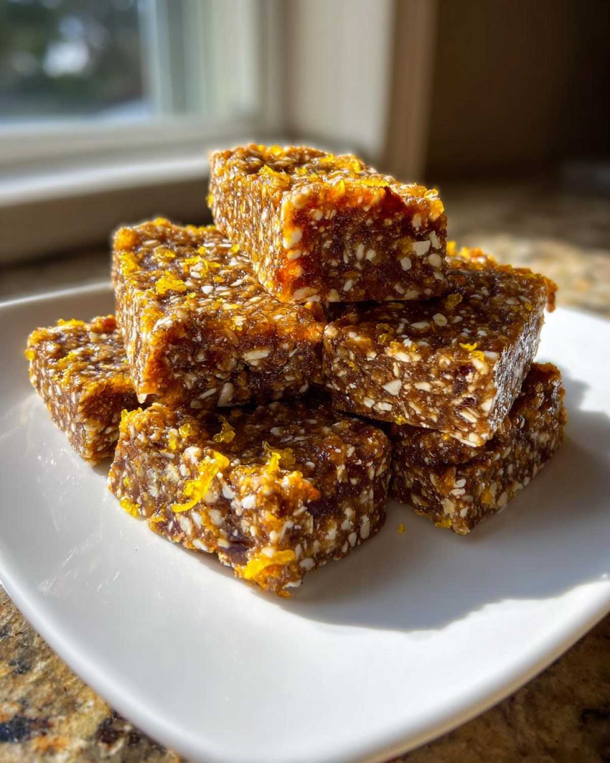 A stack of rich, chewy No-Bake Lemon Almond Date Bars sprinkled with visible lemon zest on a white square plate.