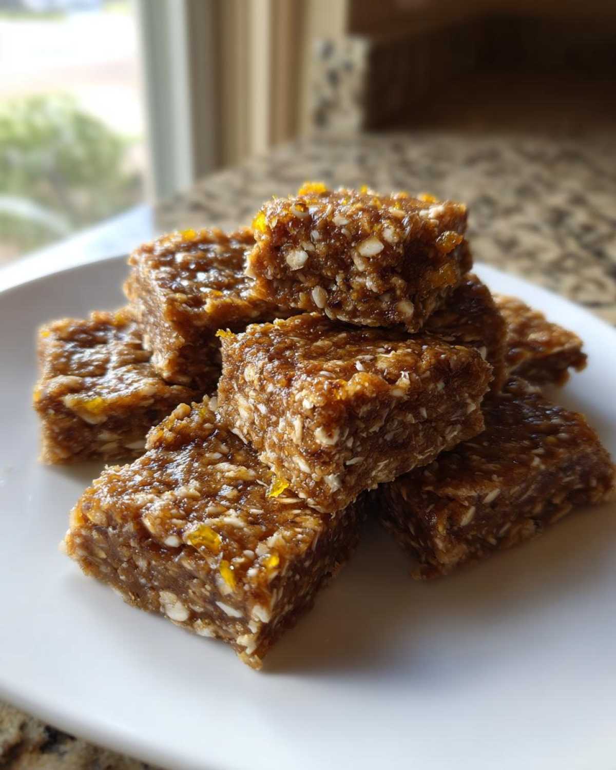 A stack of rich, chewy No-Bake Lemon Almond Date Bars showing oats and bits of zest.