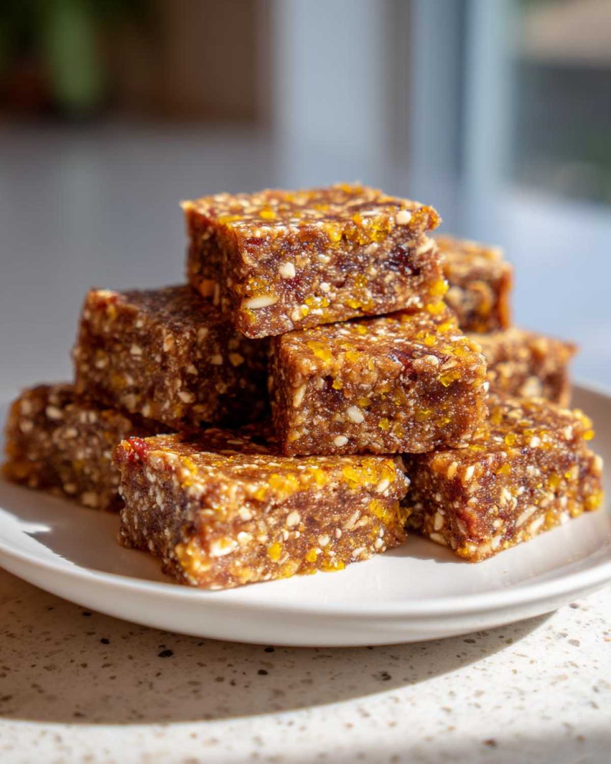 A stack of rich, chewy No-Bake Lemon Almond Date Bars studded with visible nuts and zest.
