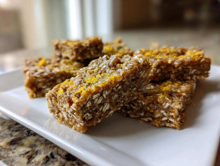 Close-up of several No-Bake Lemon Almond Date Bars stacked on a white rectangular plate, topped with yellow zest.