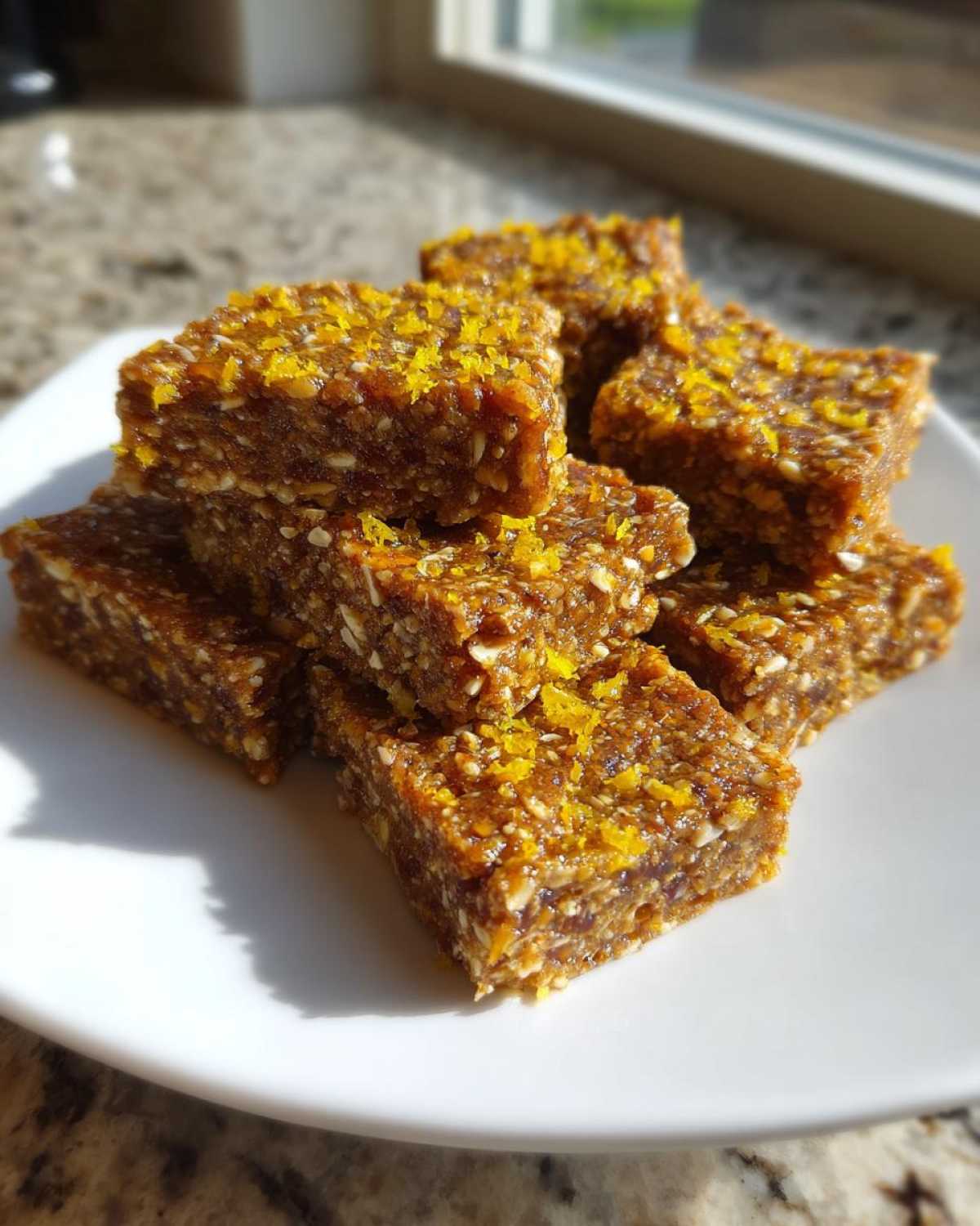 A stack of rich, brown No-Bake Lemon Almond Date Bars topped with bright yellow lemon zest.