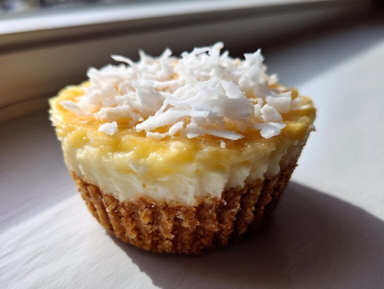 6 Amazing No-Bake Lemon Coconut Cheesecake Cups A close-up of one No-Bake Lemon Coconut Cheesecake Cup topped with shredded coconut.