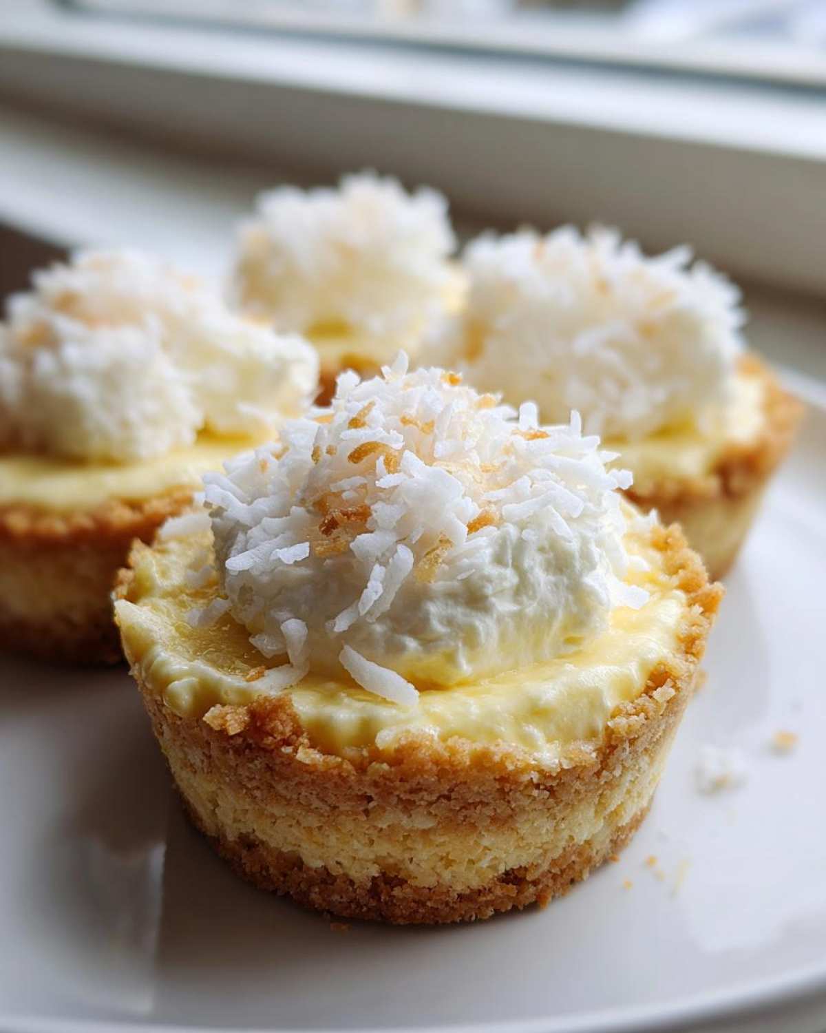 Close-up of a No-Bake Lemon Coconut Cheesecake Cup topped with whipped cream and toasted coconut flakes.
