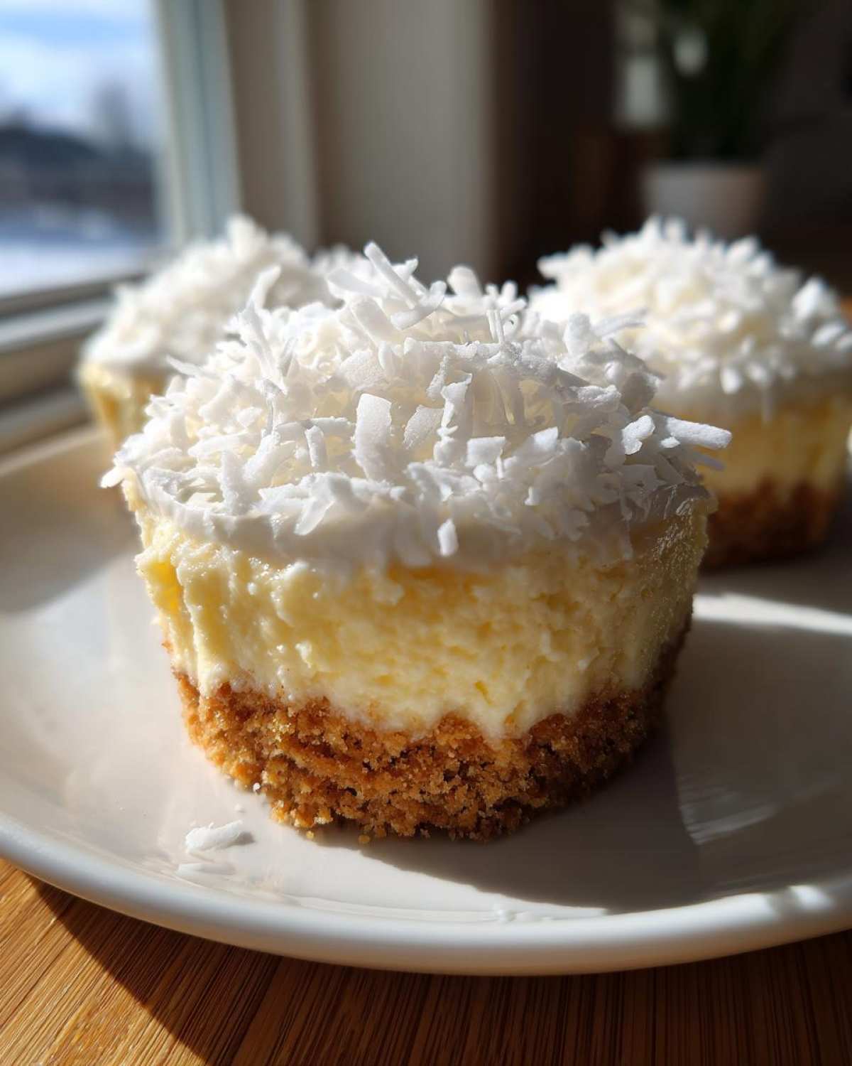 Close-up of a No-Bake Lemon Coconut Cheesecake Cup with a thick graham cracker crust and shredded coconut topping.
