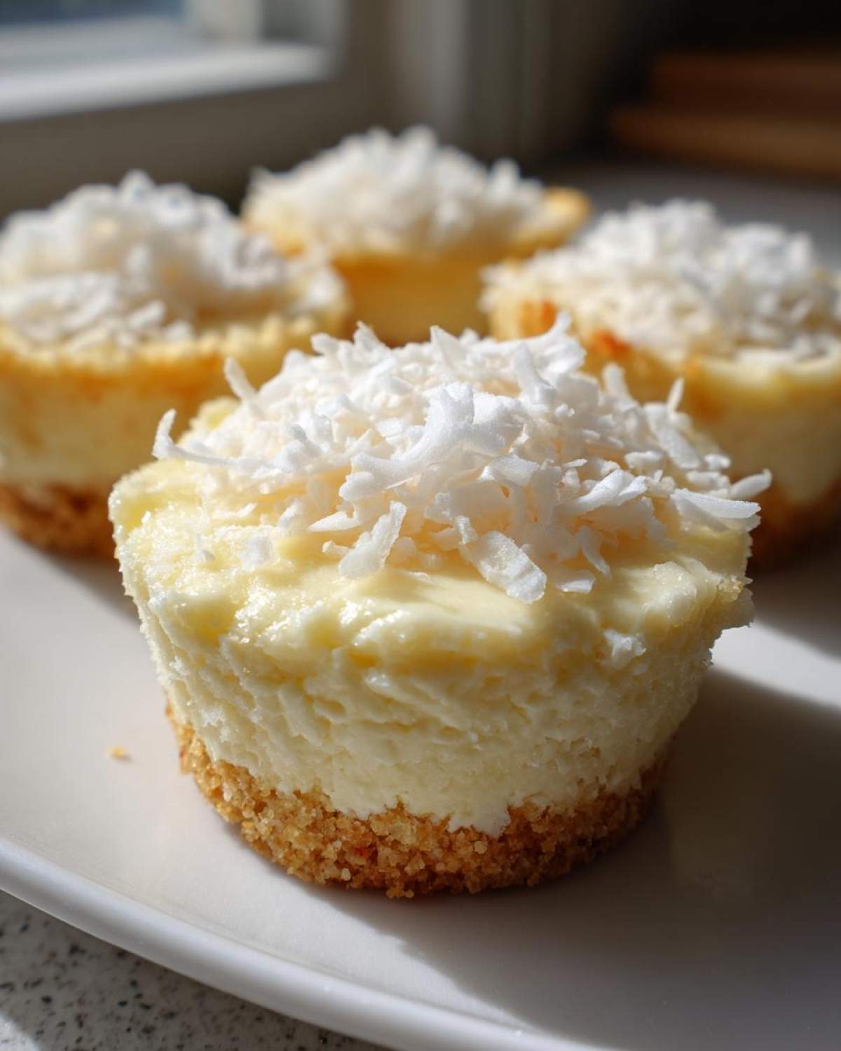 A close-up of one of the No-Bake Lemon Coconut Cheesecake Cups topped generously with shredded coconut.