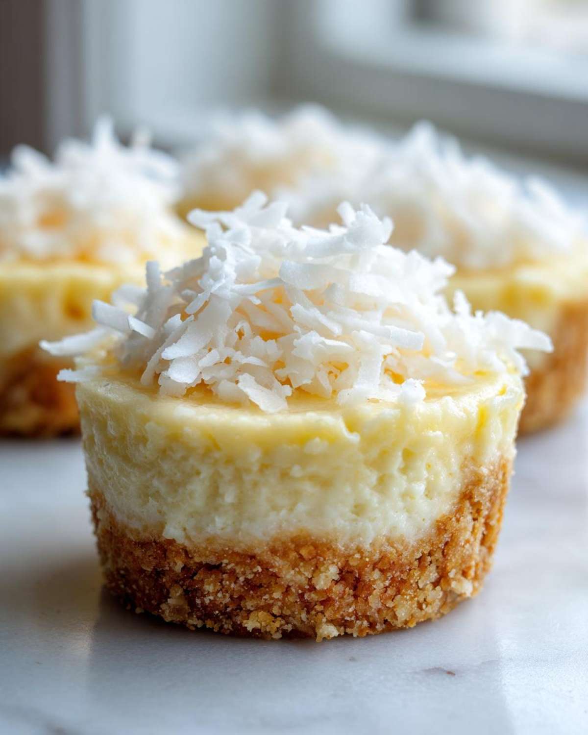 A close-up of a No-Bake Lemon Coconut Cheesecake Cup topped with shredded coconut.