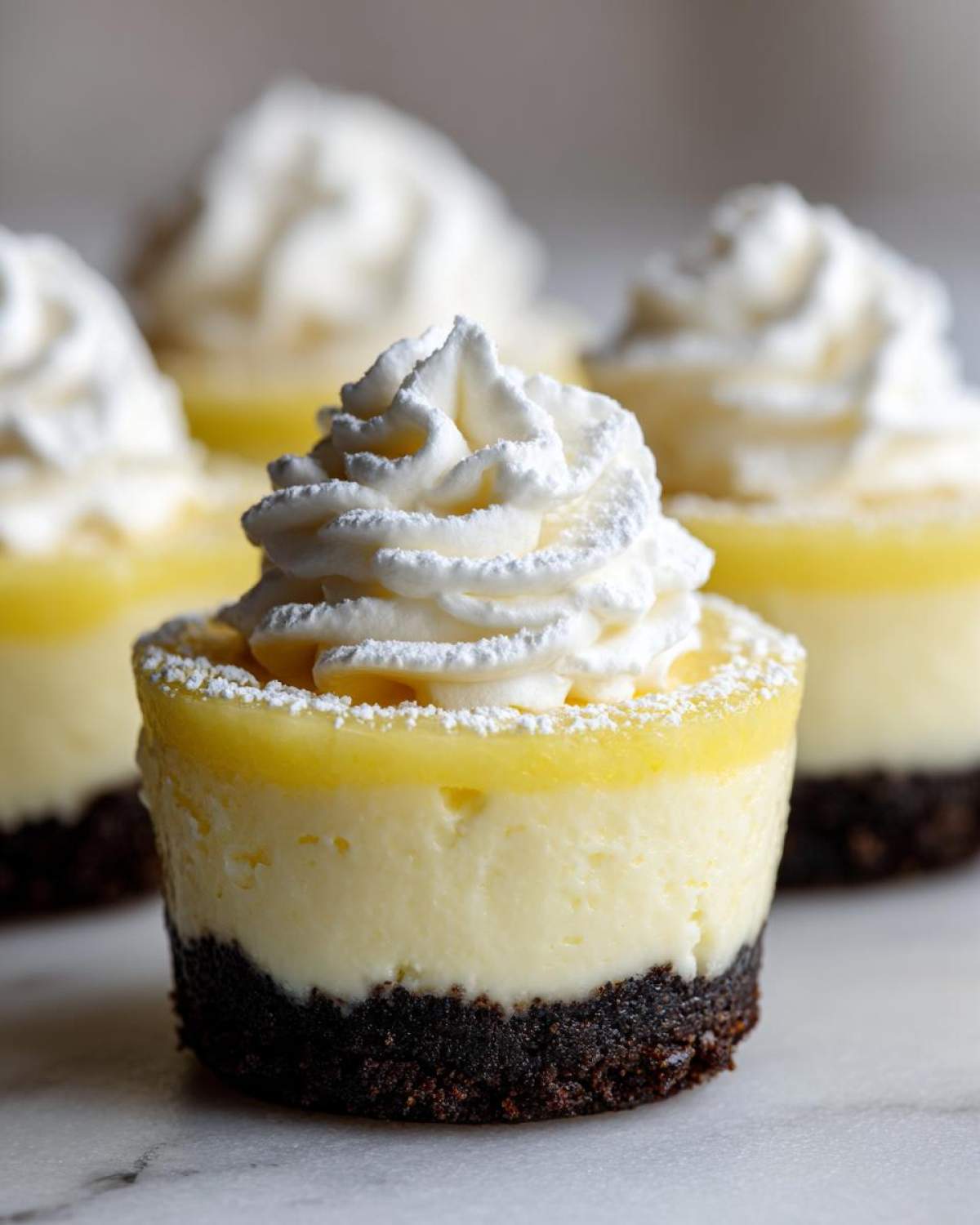 A close-up of one No-Bake Lemon Cream Pie Cup topped with whipped cream and powdered sugar.