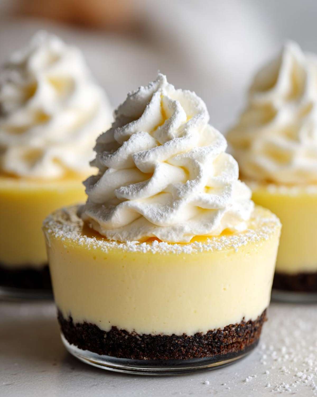 A close-up of a single serving No-Bake Lemon Cream Pie Cup topped with a swirl of whipped cream and powdered sugar.