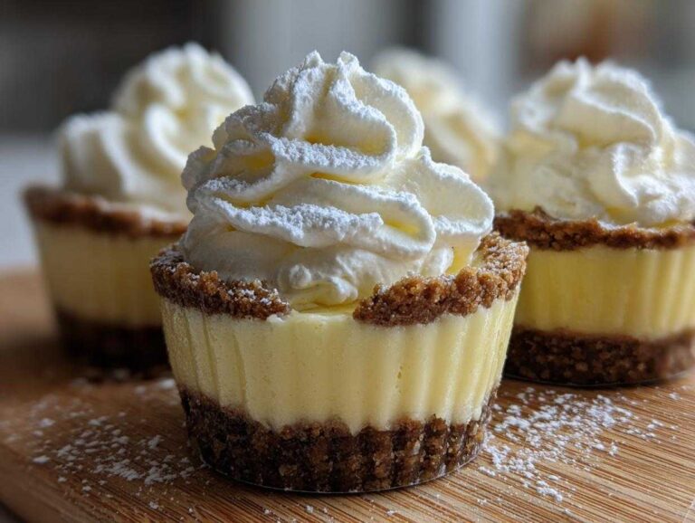 A close-up of a No-Bake Lemon Cream Pie Cup featuring a graham cracker crust, creamy lemon filling, and a swirl of whipped cream dusted with powdered sugar.