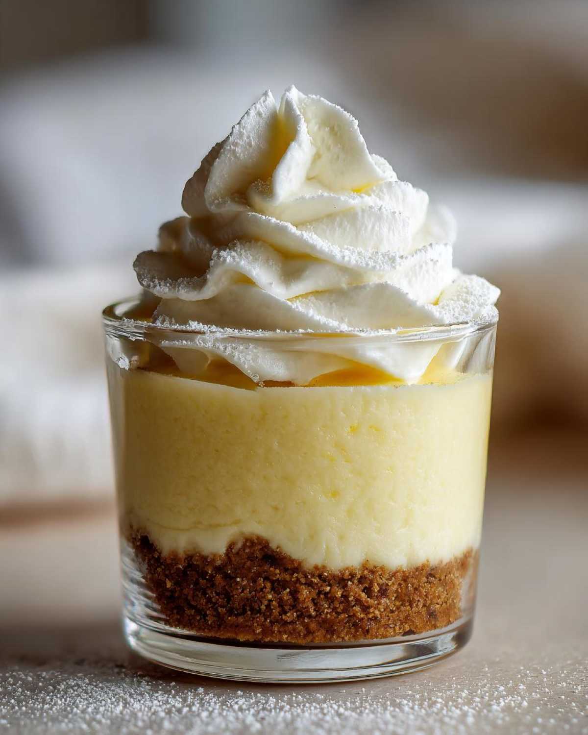 Close-up of a No-Bake Lemon Cream Pie Cups layered with graham cracker crust, lemon filling, and topped with whipped cream.