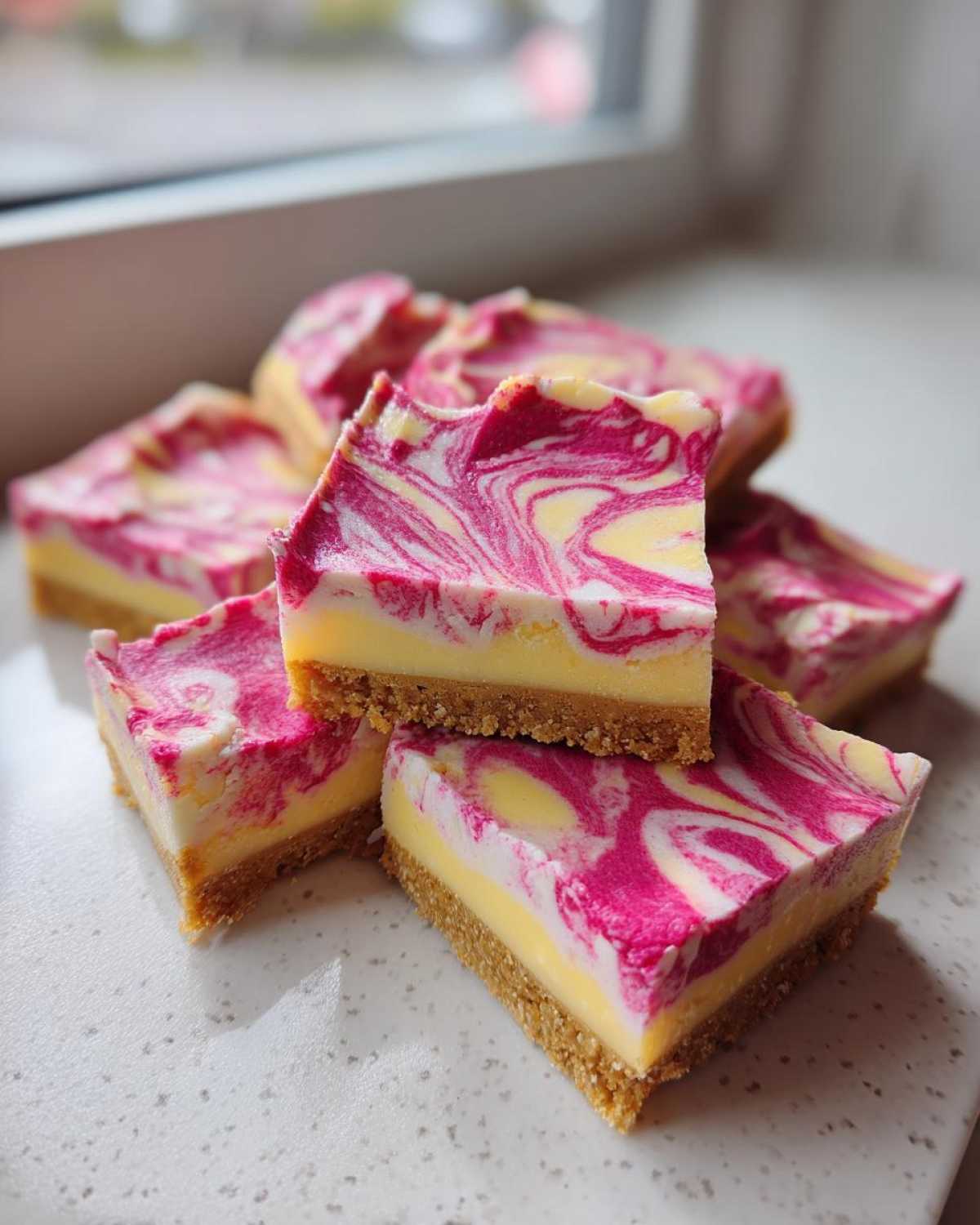 Close-up of stacked squares of No-Bake Lemon Strawberry Cheesecake Bark with a graham cracker crust and pink swirl topping.