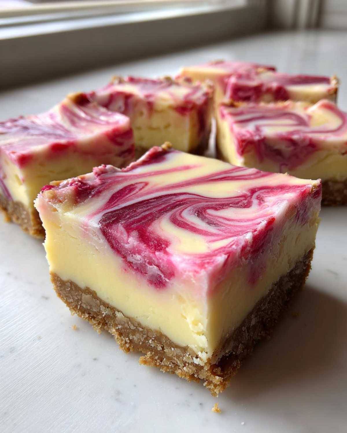 Close-up of square pieces of No-Bake Lemon Strawberry Cheesecake Bark with a graham cracker crust and bright pink swirl.