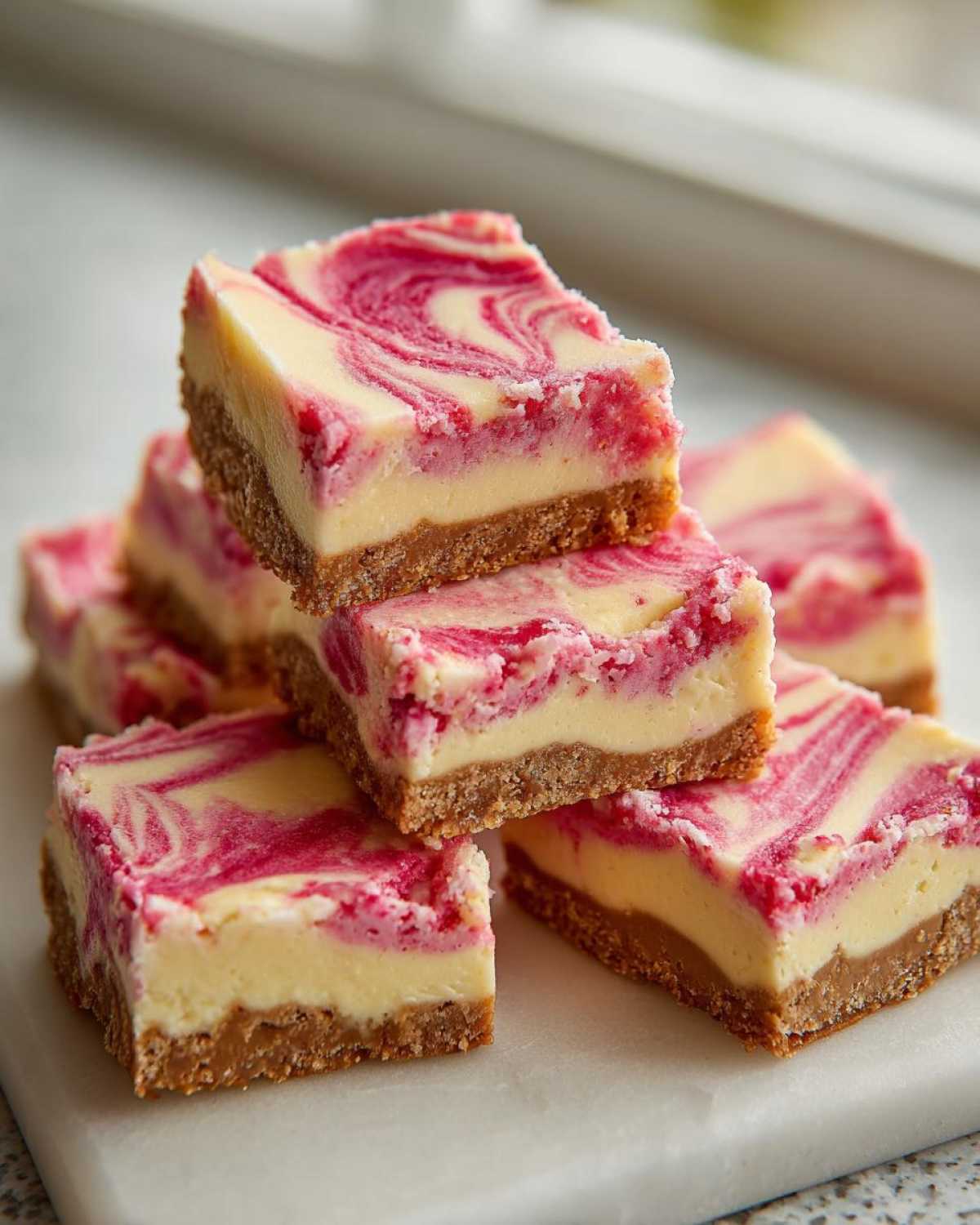 Close-up of square pieces of No-Bake Lemon Strawberry Cheesecake Bark with a graham cracker crust and pink swirl.