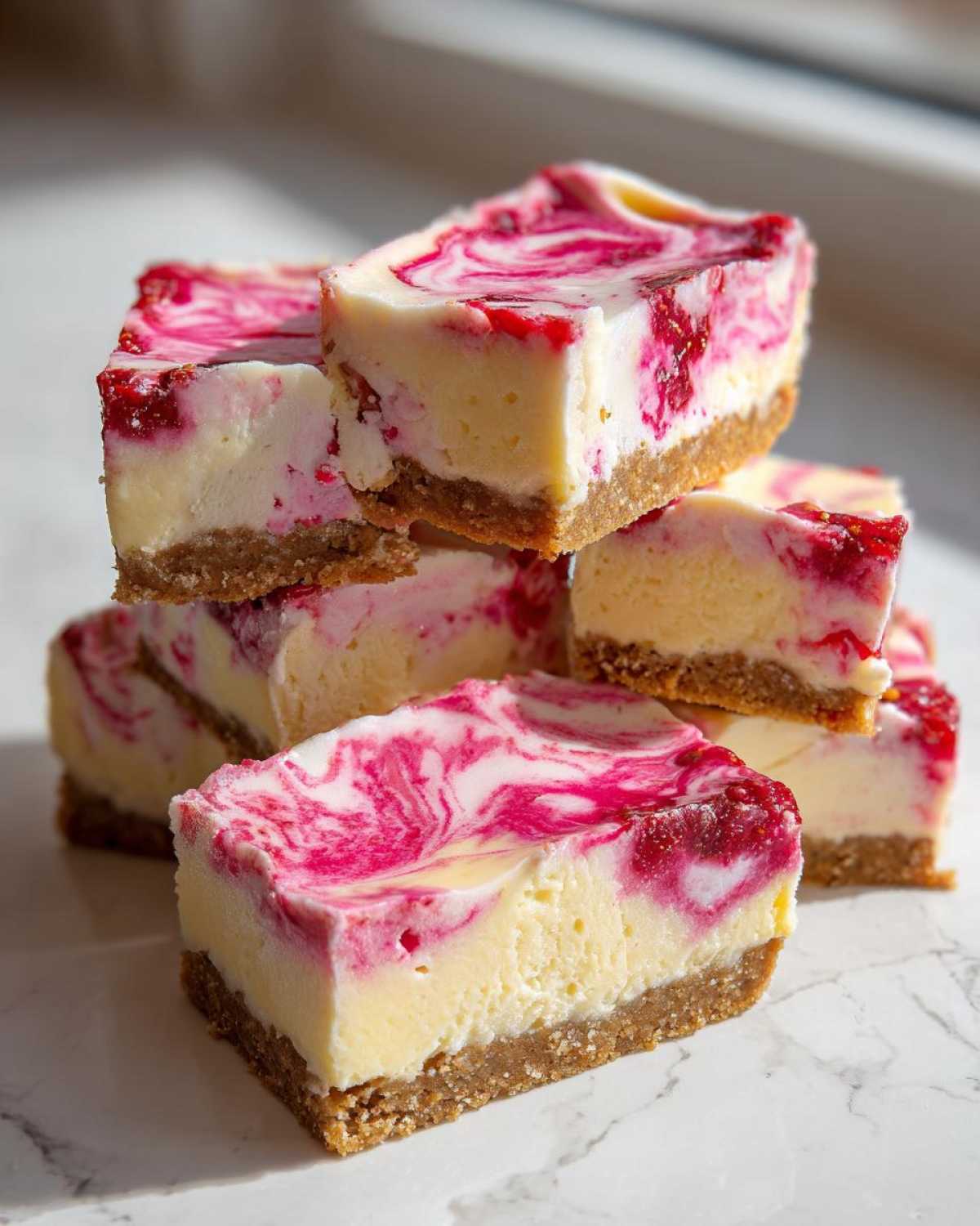 A stack of six squares of No-Bake Lemon Strawberry Cheesecake Bark with a graham cracker crust and vibrant pink swirl topping.