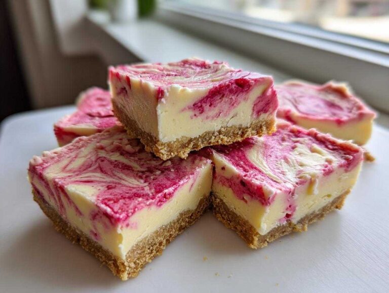 Close-up of stacked squares of No-Bake Lemon Strawberry Cheesecake Bark with a graham cracker crust and pink swirl topping.