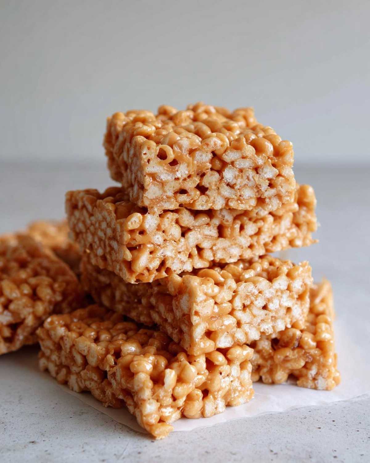 A close-up stack of chewy No-Bake Peanut Butter Rice Cereal Bars coated in a rich peanut butter mixture.