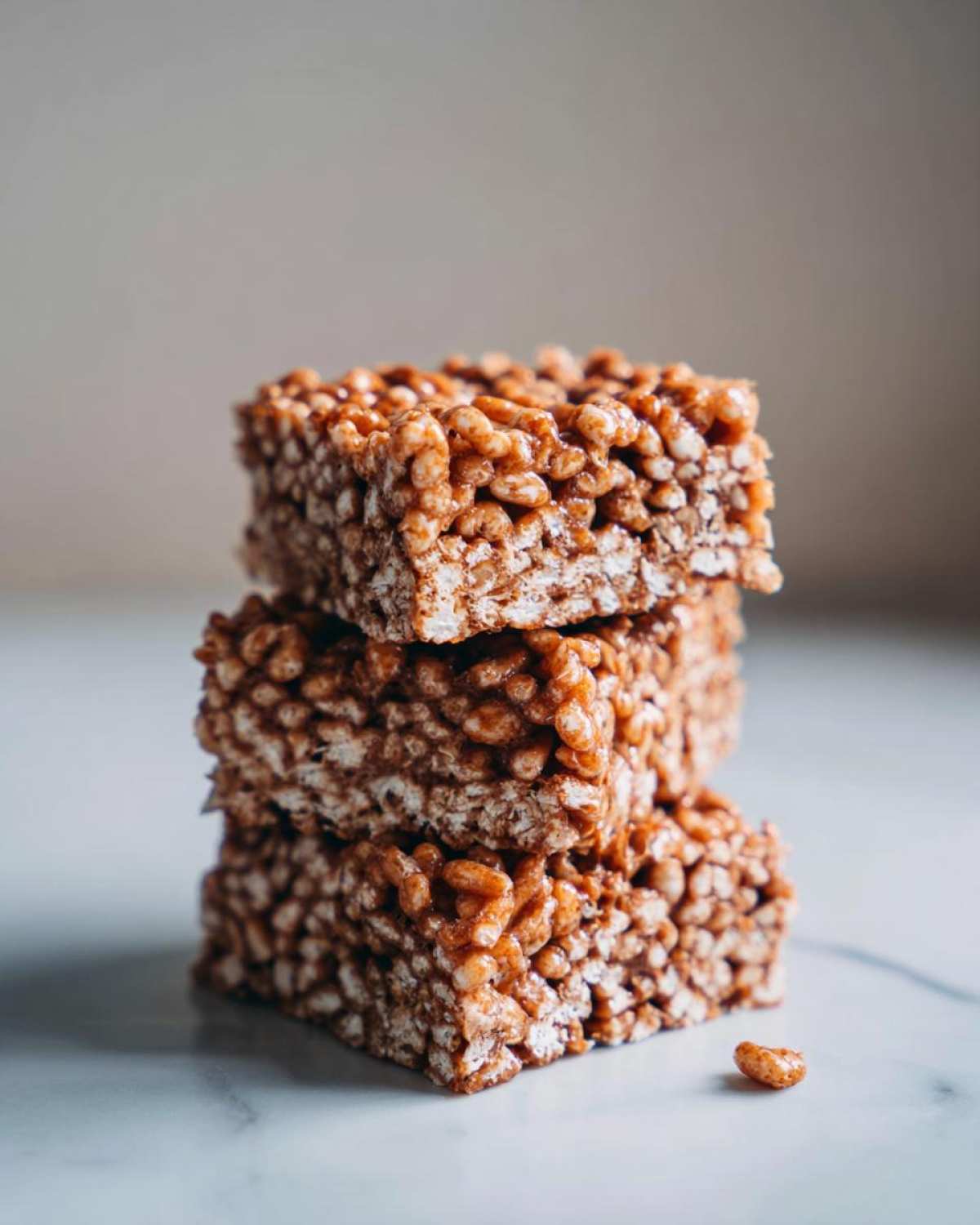 A stack of three gooey No-Bake Peanut Butter Rice Cereal Bars on a white marble surface.