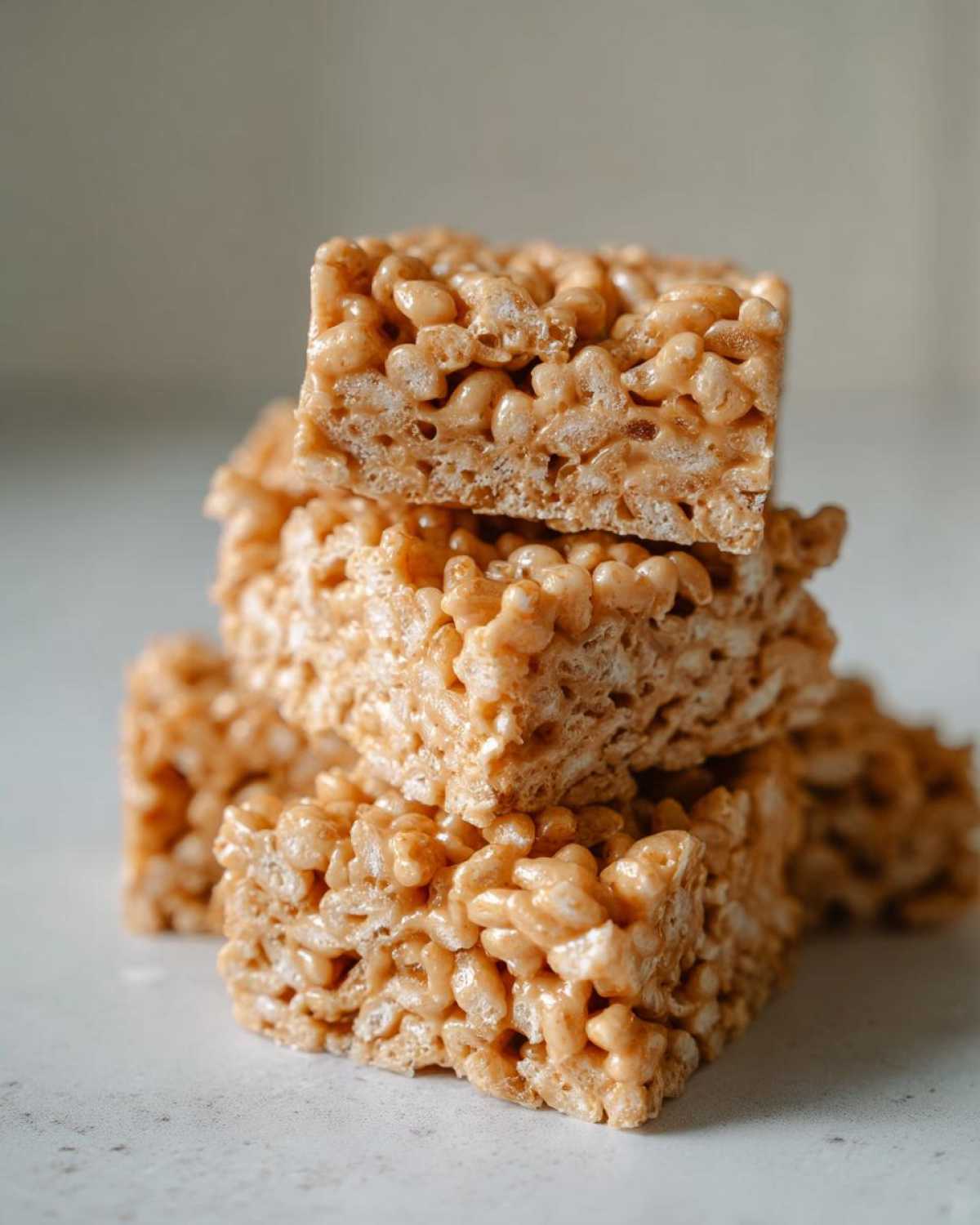 A close-up stack of chewy No-Bake Peanut Butter Rice Cereal Bars on a light countertop.