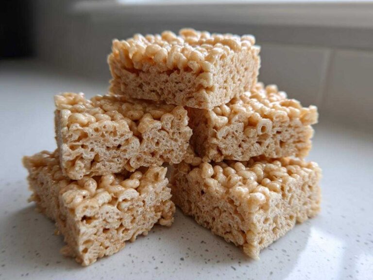 A close-up stack of five chewy No-Bake Peanut Butter Rice Cereal Bars on a light countertop.