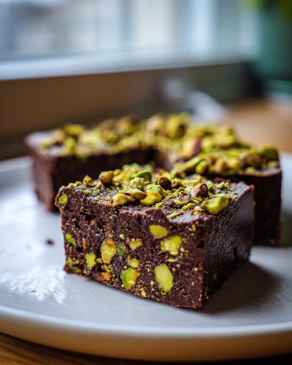 A close-up of a rich, dark chocolate square filled with visible pistachios, topped with more chopped pistachios, representing No-Bake Pistachio Chocolate Fudge Squares.
