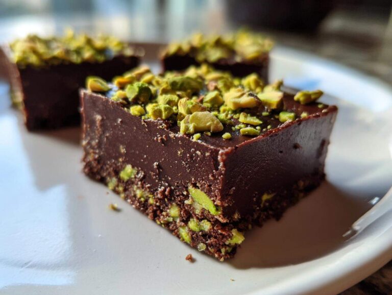 Close-up of rich, dark No-Bake Pistachio Chocolate Fudge Squares topped with chopped green pistachios on a white plate.