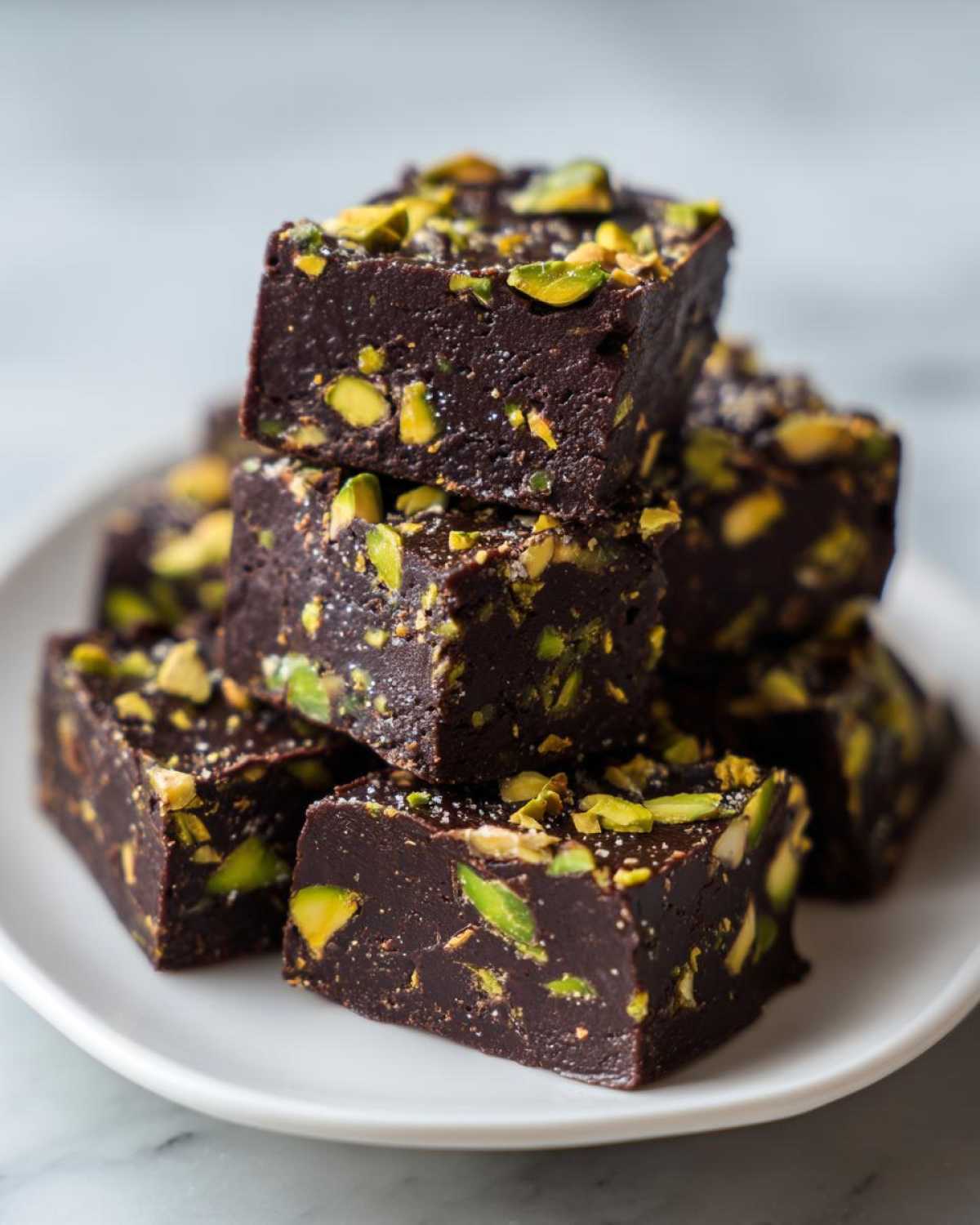 A stack of rich, dark No-Bake Pistachio Chocolate Fudge Squares topped with chopped green pistachios.