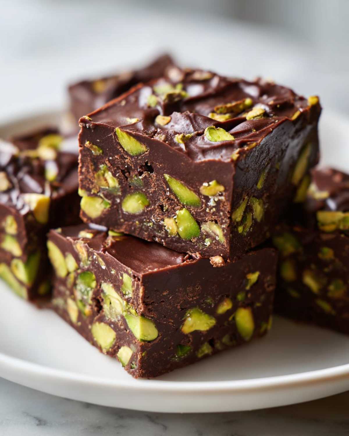 Close-up of stacked No-Bake Pistachio Chocolate Fudge Squares loaded with bright green pistachios.