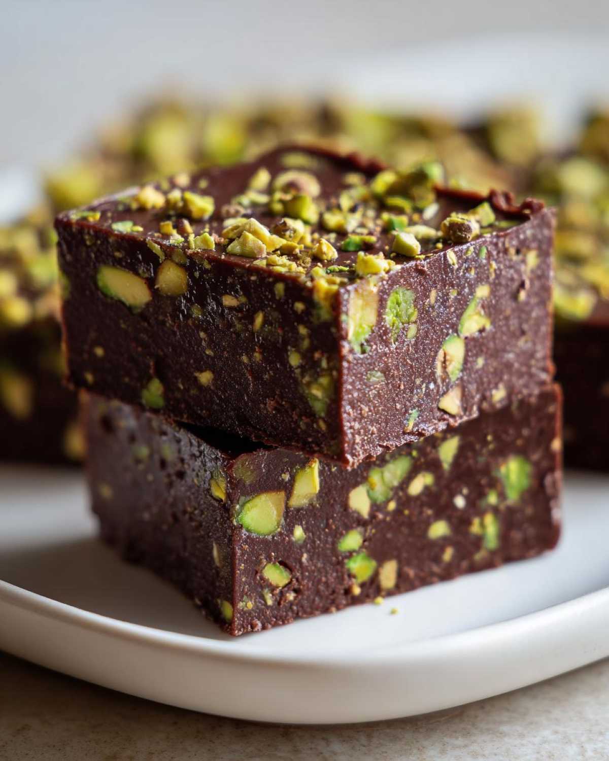 Two stacked squares of rich, dark No-Bake Pistachio Chocolate Fudge Squares topped with chopped pistachios.