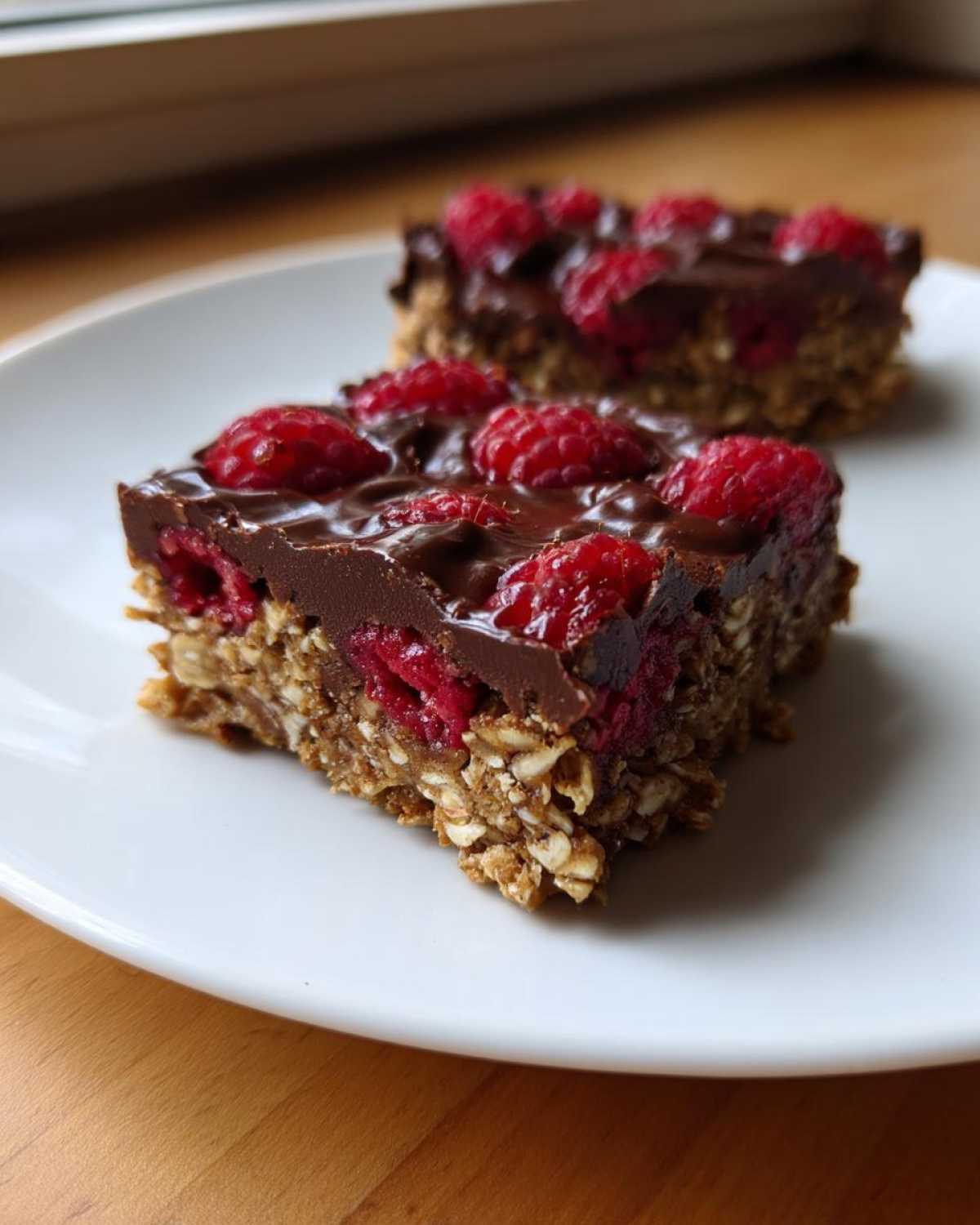Two squares of No-Bake Raspberry Chocolate Oat Slice featuring an oat base, raspberry filling, and chocolate topping with fresh raspberries.