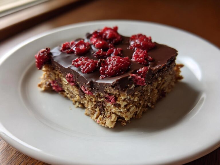 A square serving of No-Bake Raspberry Chocolate Oat Slice with a thick chocolate topping and dried raspberries.