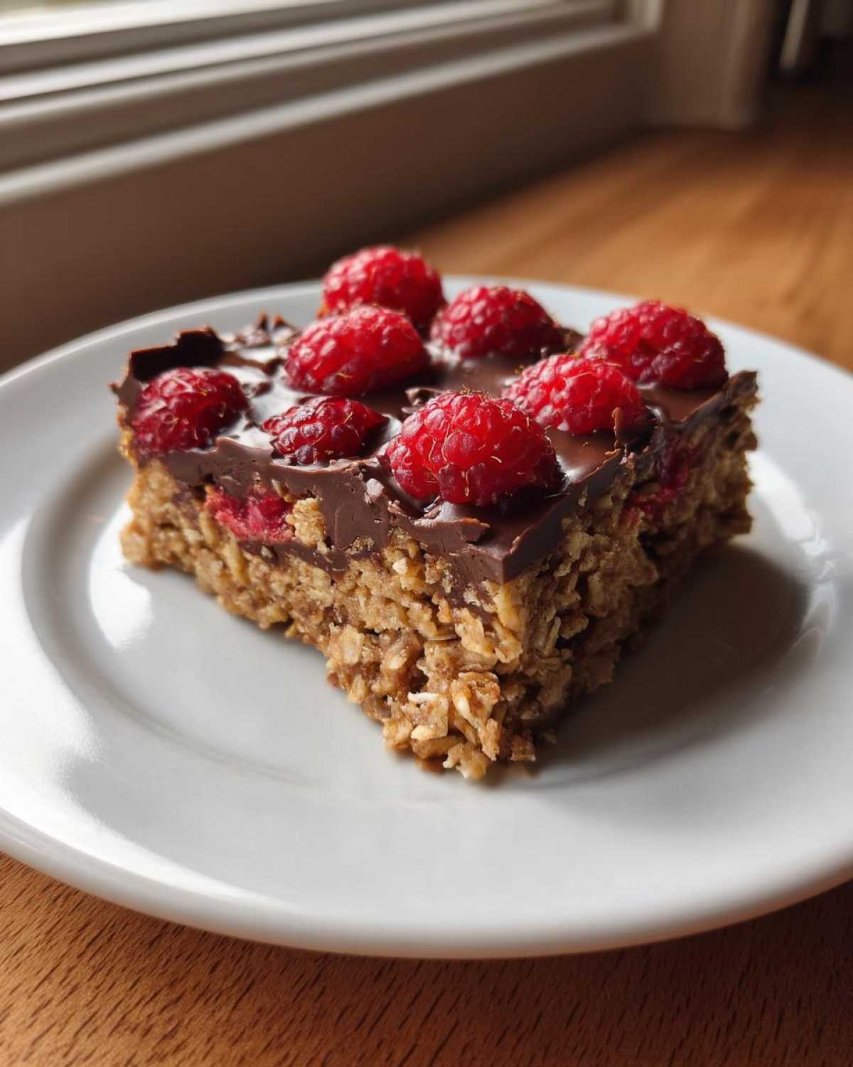 A single square serving of No-Bake Raspberry Chocolate Oat Slice topped with fresh raspberries on a white plate.