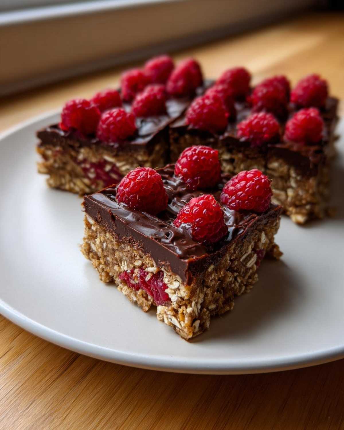 Close-up of several squares of No-Bake Raspberry Chocolate Oat Slice topped with fresh raspberries.