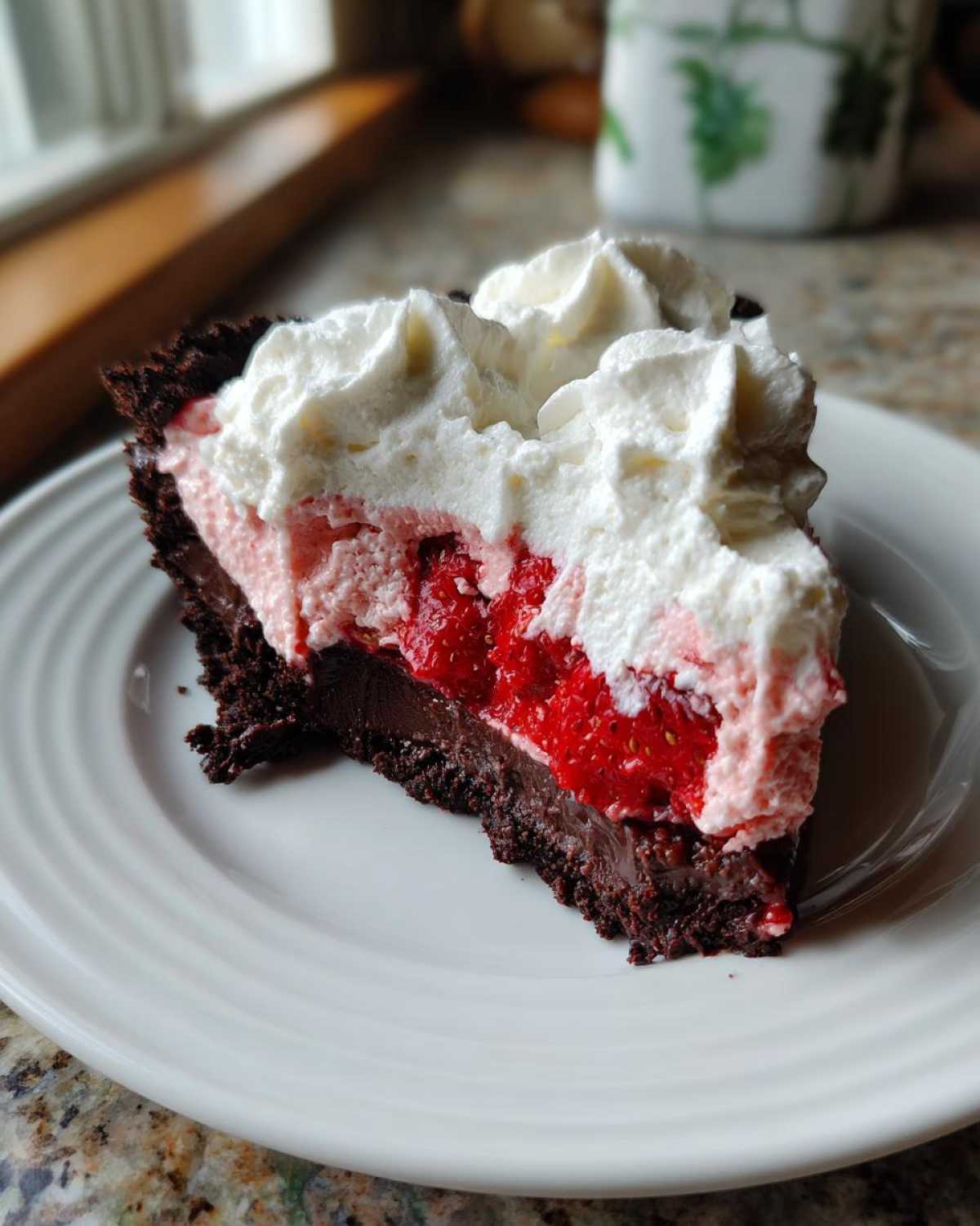 A close-up slice of No-Bake Strawberry Chocolate Pudding Pie with layers of chocolate, strawberry filling, and whipped cream.