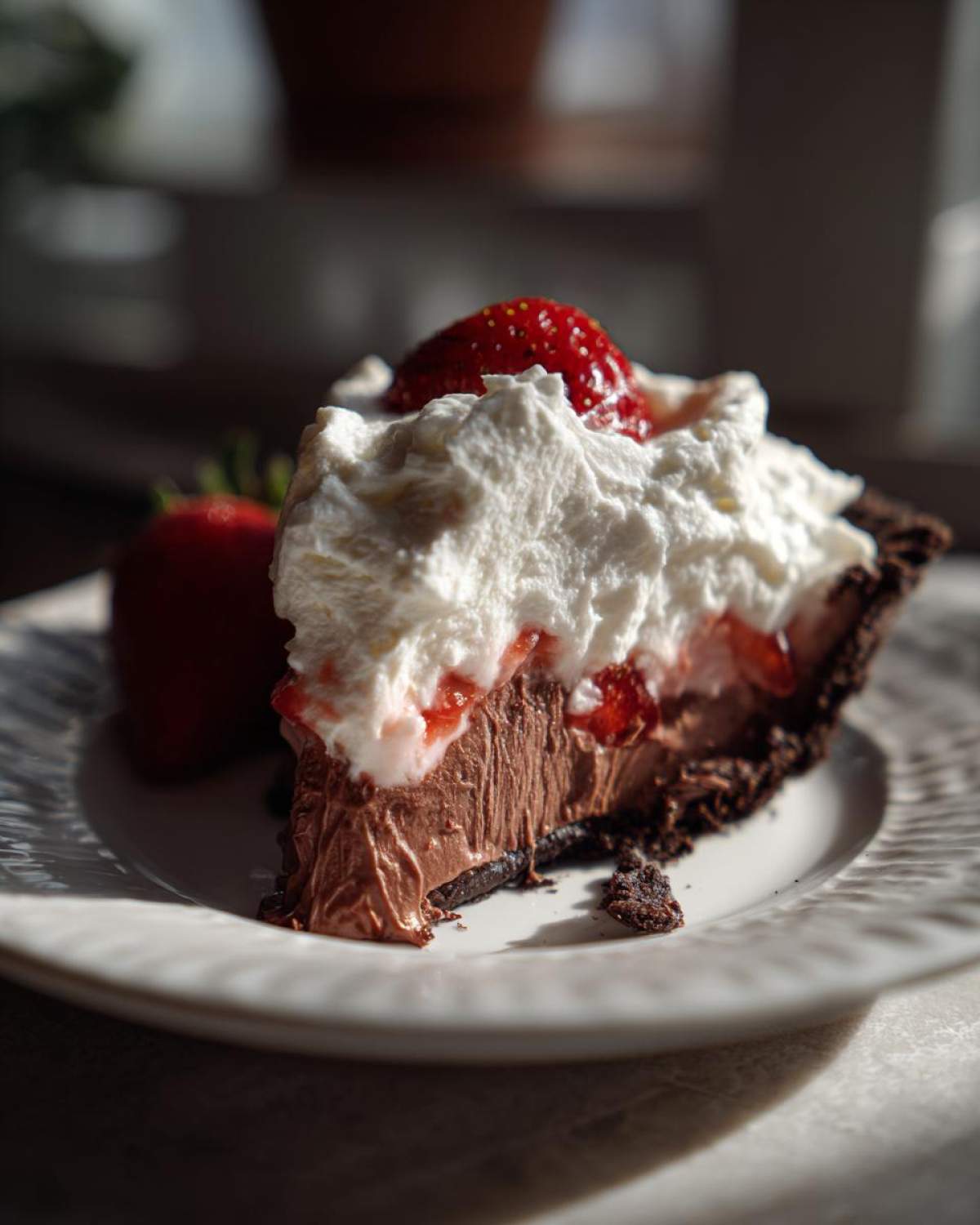 A rich slice of No-Bake Strawberry Chocolate Pudding Pie topped with whipped cream and a fresh strawberry.
