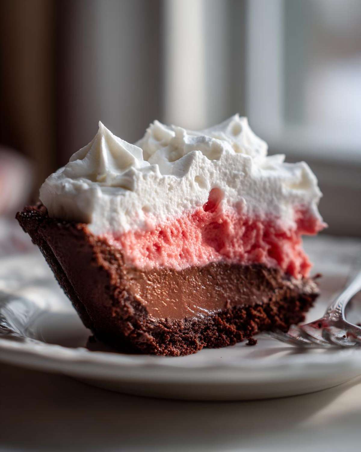 Close-up of a slice of No-Bake Strawberry Chocolate Pudding Pie showing three distinct layers: chocolate crust, chocolate pudding, strawberry mousse, and whipped cream.
