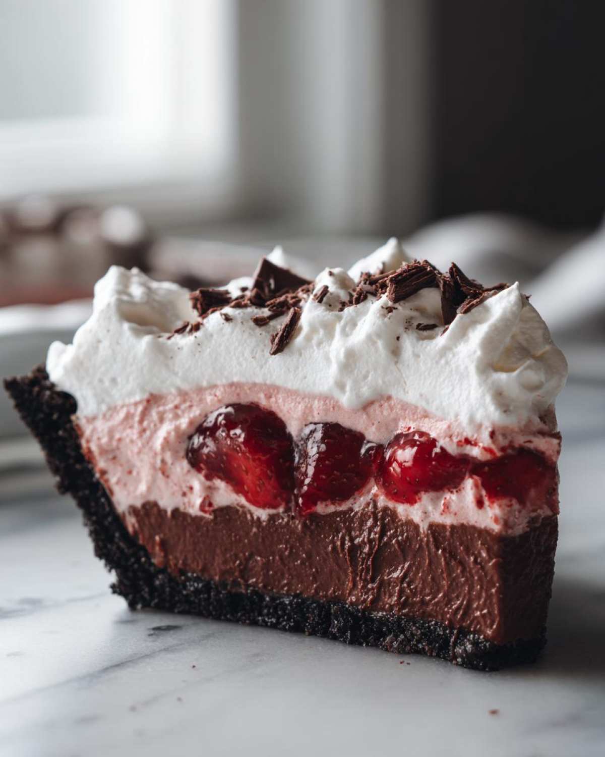 A close-up slice of No-Bake Strawberry Chocolate Pudding Pie showing three distinct layers and chocolate shavings.