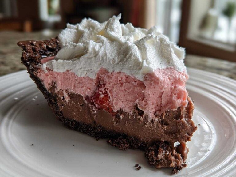 A decadent slice of No-Bake Strawberry Chocolate Pudding Pie showing layers of chocolate, pink strawberry mousse, and whipped cream.