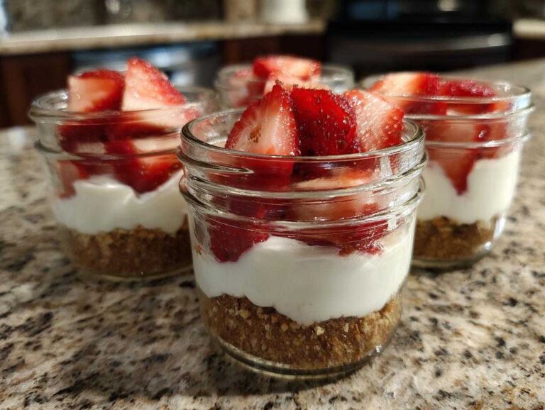 Close-up of several No-Bake Strawberry Cream Pie Jars layered with graham cracker crust, cream filling, and fresh strawberries.