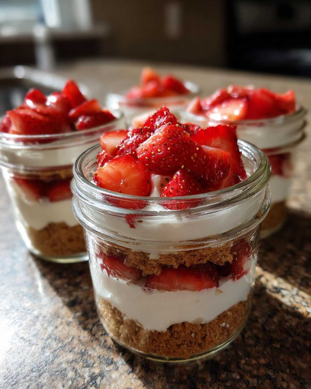 Close-up of layered No-Bake Strawberry Cream Pie Jars featuring graham cracker crust, cream filling, and fresh strawberries.