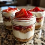Three individual No-Bake Strawberry Cream Pie Jars layered with graham cracker crust, cream filling, and fresh strawberries on top.