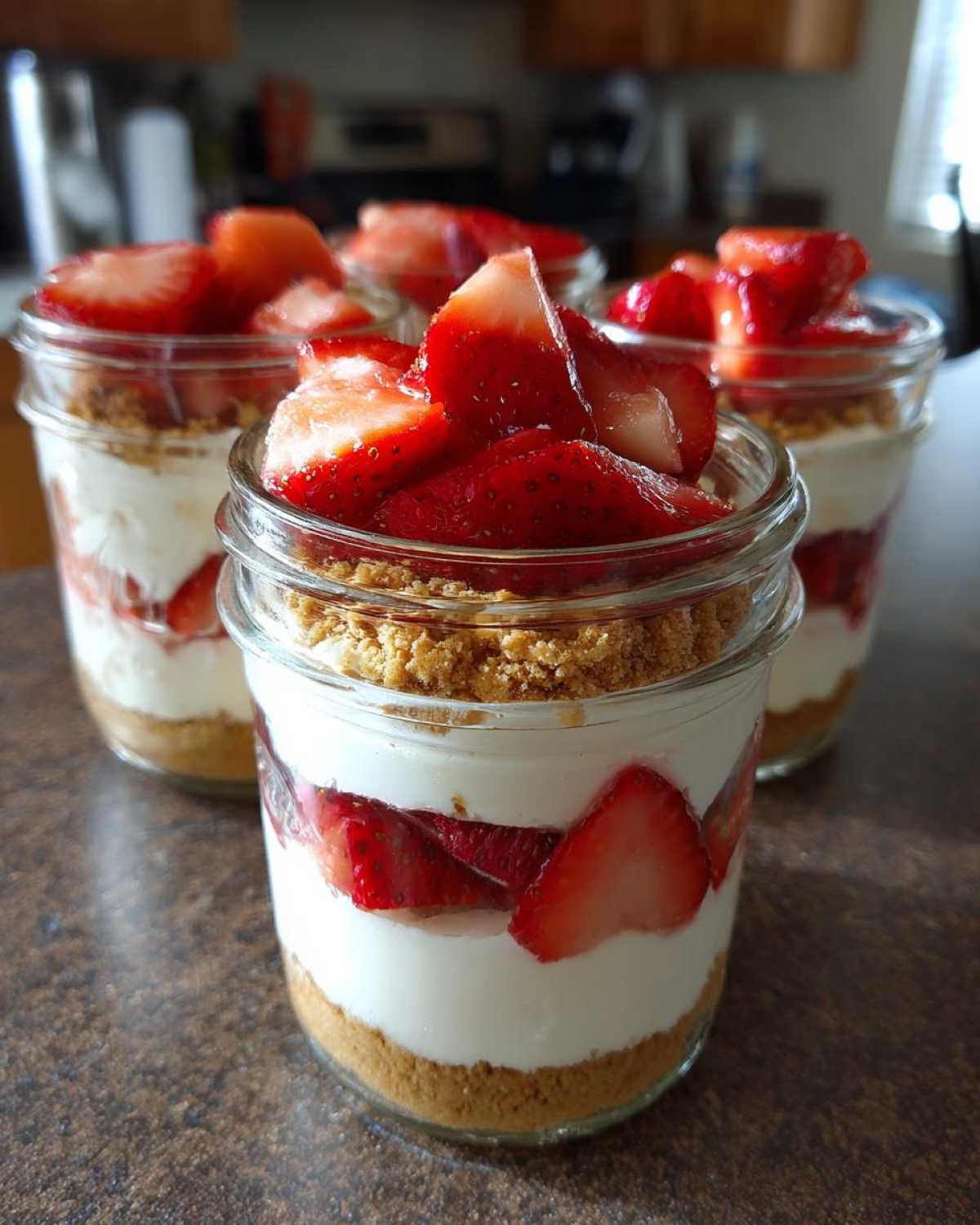 Four individual No-Bake Strawberry Cream Pie Jars layered with graham cracker crust, cream filling, and fresh strawberries.
