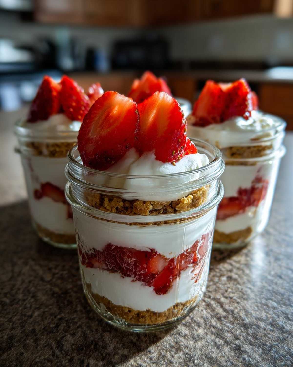 Close-up of layered No-Bake Strawberry Cream Pie Jars topped with fresh strawberry slices.