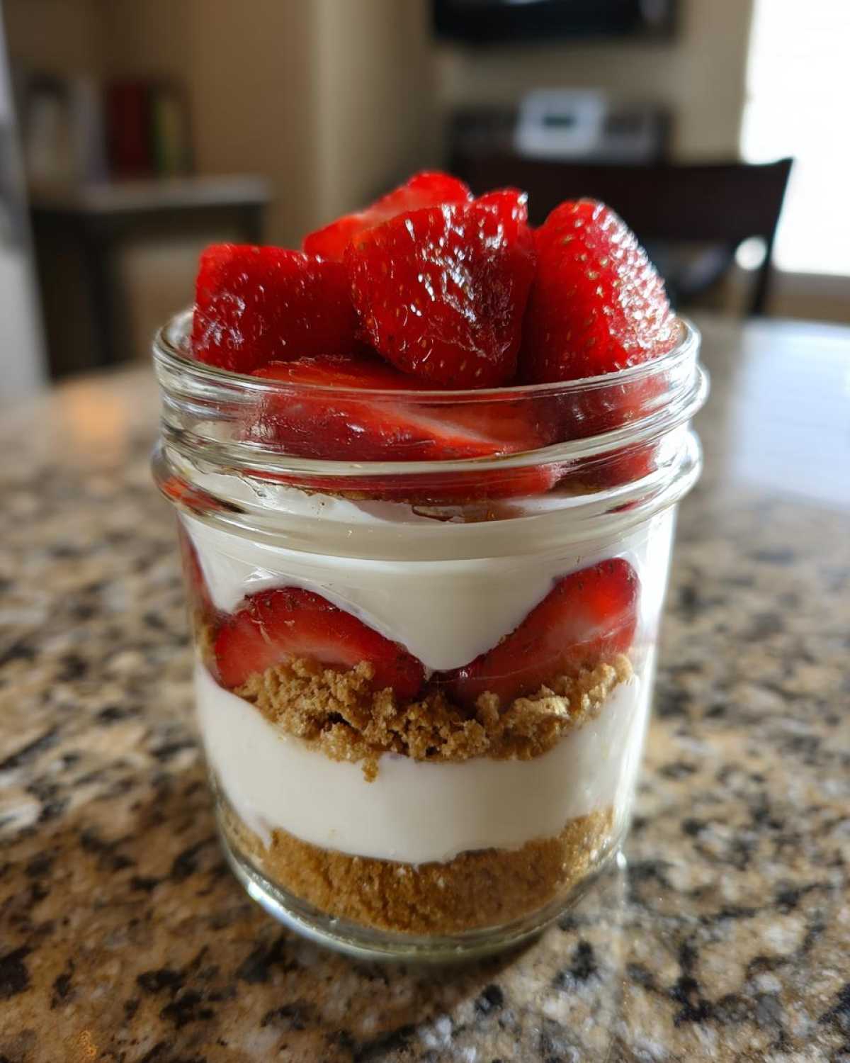 A close-up of No-Bake Strawberry Cream Pie Jars layered with graham cracker crust, cream filling, and topped with fresh strawberries.