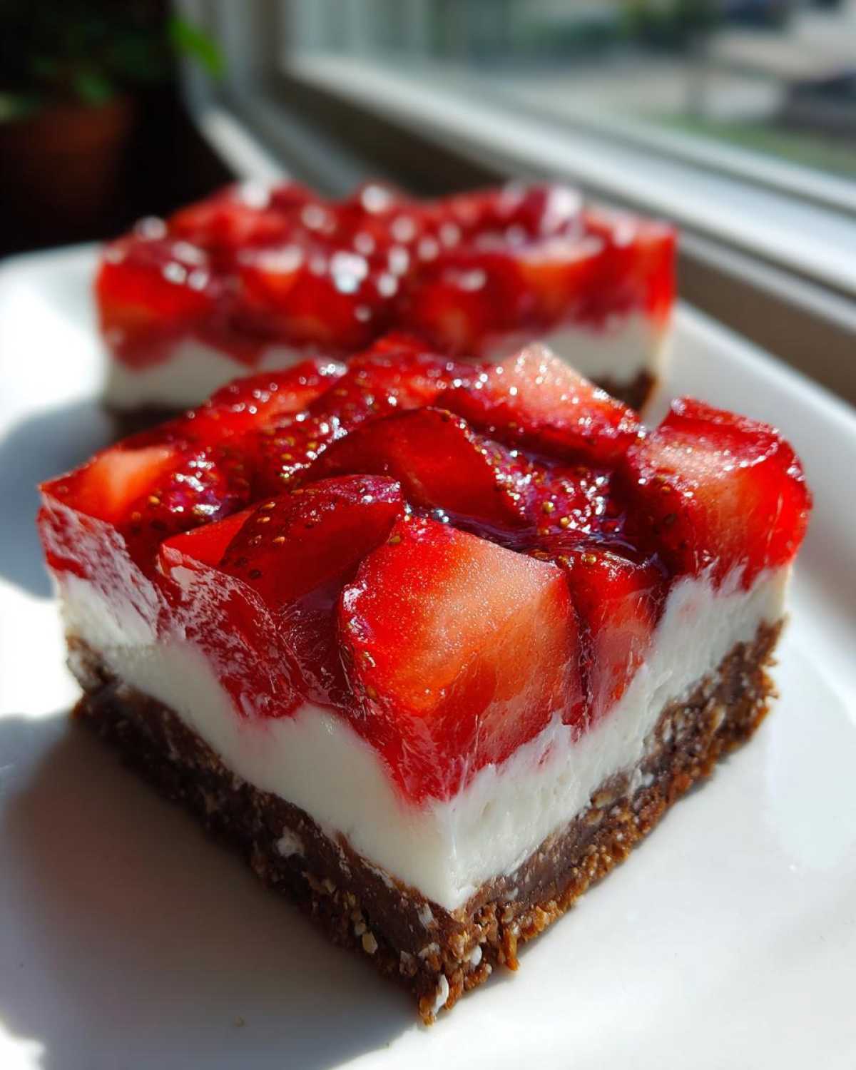 A close-up of a square slice of No-Bake Strawberry Pretzel Dessert Bars showing the three distinct layers.